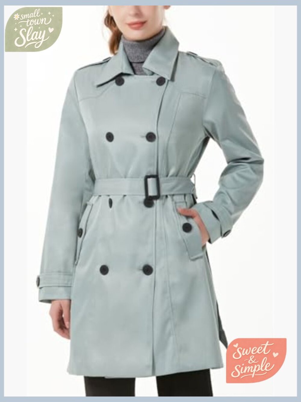 Women's Double-Breasted Trench Coat, Mid-Length Windproof Overcoat - Picture 6 of 7